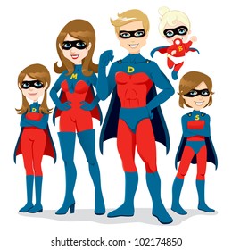 Portrait of beautiful family posing together in superhero costumes with cape