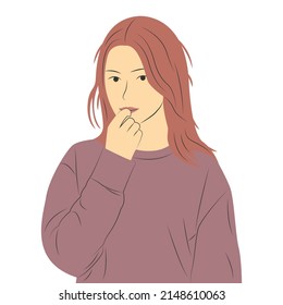 Portrait of beautiful female character holding her mouth in flat cartoon style