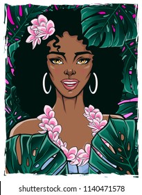 Portrait of a beautiful female in lei flowers garland. Vector illustration of a pretty smiling lady with green exotic rain-forest background in pop art style. T-shirt, poster, card print.