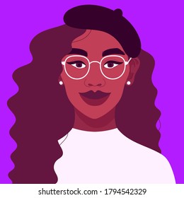 Portrait of a beautiful female office worker. Confident young woman in business attire with glasses. Happy African student smiling. Social network profile avatar. Contemporary flat design.