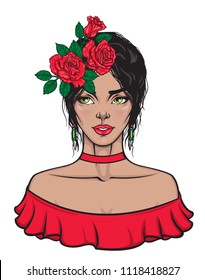 Portrait of a beautiful female in red summer dress and floral hair band. Vector illustration in pop art style. Mascot of a pretty lady with black hair and rose wreath. T-shirt, poster, card print.
