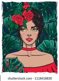 Portrait of a beautiful female in red summer dress and floral hair band. Vector illustration of a pretty lady with green exotic rain-forest background in pop art style. T-shirt, poster, card print.