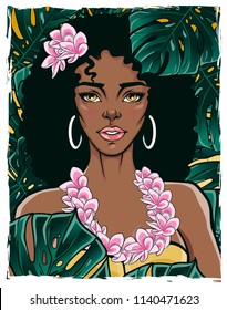 Portrait of a beautiful female in yellow bikini and lei flowers garland. Vector illustration of a pretty lady with green exotic rain-forest background in pop art style. T-shirt, poster, card print.