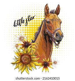 Portrait of a beautiful foal and sunflowers. Hand drawn style print. Vector illustration with horse isolated on white background. For T-shirt composition, print, design, stickers, sublimation, decor