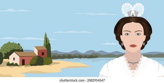 Portrait of a beautiful French woman in national dress on the background of a rustic landscape.Vector illustration of a flat design.