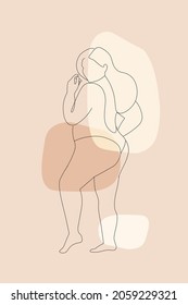 Portrait of a beautiful full-length girl in a swimsuit. Female plus size model. View from the back.The concept of body positivity and female beauty. Vector graphics.