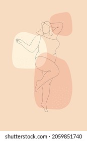 Portrait Of A Beautiful Full-length Girl In A Swimsuit. Plus-size Female Model Dancing, Posing. The Concept Of Body Positivity And Female Beauty In High Weight. Vector Graphics.