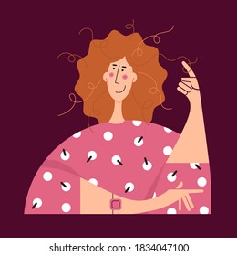 Portrait of beautiful ginger girl with ruddy cheeks. Young woman with curly red hair. Romantic female character winds lock of hair on finger. Pensive lady in pink dress. Flat style vector illustration