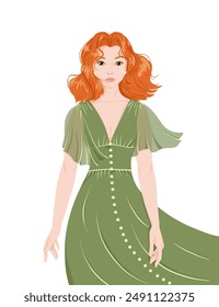 Portrait of a beautiful ginger woman on white background. Attractive girl in a green dress. Redhead with bob hairdo. Avatar for social media. Trendy vector illustration in flat style.