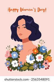 Portrait of a beautiful girl among flowers. Happy Women's Day card!