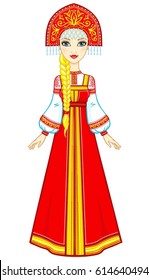 Portrait of a beautiful girl in an ancient Russian dress. Sundress, kokoshnik. Full growth. Vector illustration isolated on a white background.