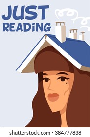 portrait of a beautiful girl is a book on his head blue