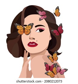 Portrait of a beautiful girl with bright butterflies. Young woman with a mole above her lip. Avatar for social media. Happy women's day. Concept of unity with nature. Stock vector illustration.
