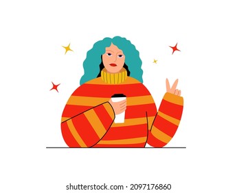 Portrait of a beautiful girl with a coffee cup. Simple flat vector illustration. 
