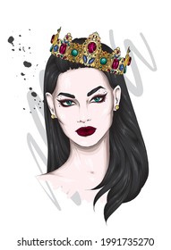Portrait Beautiful Girl Crown Fashion Style Stock Vector (Royalty Free ...