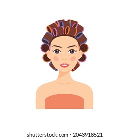 Portrait Of A Beautiful Girl In Curlers. Isolated Happy Attractive Woman In Hair Rollers. Female Character Is Smiling. Salon Of House. Fashion Illustration For Beauty Design. White Background. Vector