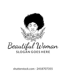 Portrait of a beautiful girl with curly hair. hair beauty salon logo design.
