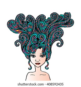.Portrait of a beautiful girl in decorative style.
