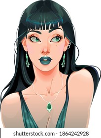 Portrait of a beautiful girl dressed in green color. Vector cartoon isolated character