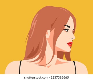 portrait of beautiful girl face looking sideways. long brown hair style. avatar for social media. for profile, template, print, sticker, poster, etc. flat vector illustration.