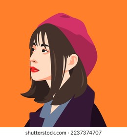 retrato de una bella chica vista cara a cara. con una gorra plana. avatar para los medios sociales. de color. para perfil, plantilla, impresión, pegatina, afiche, etc., ilustración vectorial plana