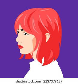 retrato de una bella chica vista cara a cara. pelo rojo corto. avatar para los medios sociales. de color. para perfil, plantilla, impresión, pegatina, afiche, etc., ilustración vectorial plana