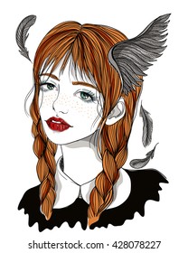 Portrait of beautiful girl with feathers in her hair. Red-haired girl with a wings. Fashion vector illustration on white background. Print for T-shirt