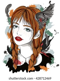 Portrait of beautiful girl with feathers in her hair. Red-haired girl with wings. Fashion vector illustration on abstract background. Print for T-shirt