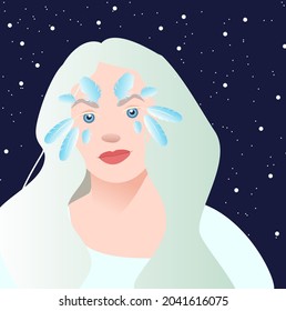 Portrait of a beautiful girl with feathers and white hair. Young blond woman. Avatar for social networks. Fashion and beauty. Bright vector illustration in flat style