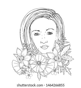 Portrait of a beautiful girl with flower for coloring, covers, stickers, t-shirts and other designs. Beautiful woman vector.