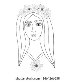 Portrait of a beautiful girl with flower for coloring, covers, stickers, t-shirts and other designs. Beautiful woman vector.