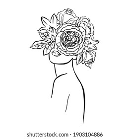 Portrait of a beautiful girl with flowers in her hair. One line trend. Fashion. Femininity. Vector illustration on a white background