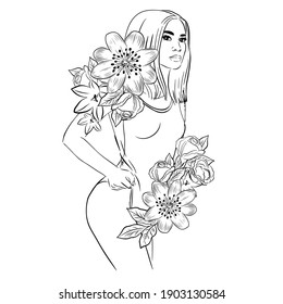 Portrait of a beautiful girl with flowers in her hair. One line trend. Fashion vector illustration on a white background