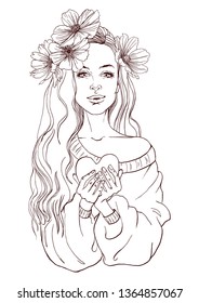 Portrait beautiful girl with flowers on head. Beautiful young woman holds the heart. Sketch for coloring. Hand drawn sketch. Vector illustration.