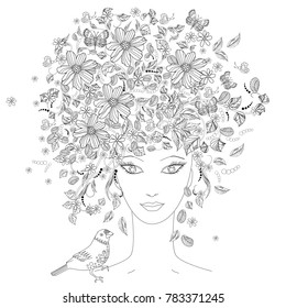 portrait of beautiful girl with flowers on her head for coloring book