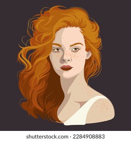 Retrato de una hermosa chica con pecas y cabello suelto rojo. Ilustración del vector aislado un fondo negro