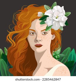 Portrait of a beautiful girl with freckles and red loose hair decorated with flowers. Vector illustration isolated on white background