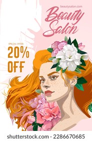 Portrait of a beautiful girl with freckles and red loose hair decorated with flowers and splashes. Vector illustration isolated on white background
