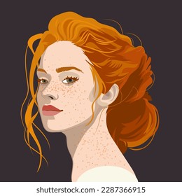 Portrait of a beautiful girl with freckles and red hair with a beam. Vector illustration isolated on a black background