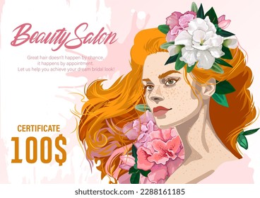 Portrait of a beautiful girl with freckles and red loose hair decorated with flowers and splashes. Vector illustration isolated on white background