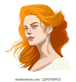 Portrait of a beautiful girl with freckles and red loose hair. Vector illustration isolated on white background