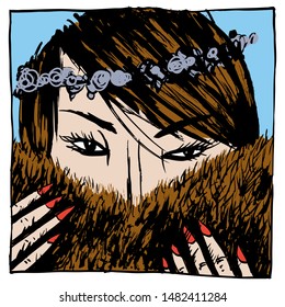 Portrait of a beautiful girl in furs and diadem. Color illustration, can be useful in publications, packaging design, on posters and banners.Can be used in social networks, for articles, publications.
