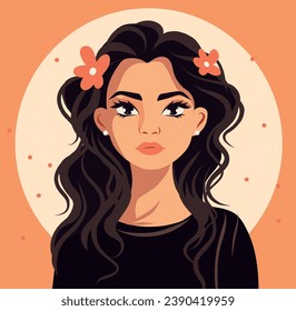 Portrait of a beautiful girl. Hairstyle. Poster card for Women's Day. Vector flat bright illustration of avatar on a gentle pastel background