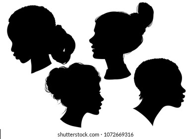 Portrait of beautiful girl with a hairstyle, a woman in profile, isolated outline silhouette - vector illustrations set.