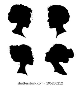 portrait of beautiful girl with a hairstyle, a woman in profile, isolated outline silhouette - vector illustrations set