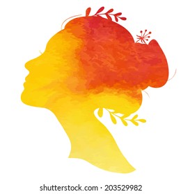 portrait of beautiful girl with a hairstyle, a woman in profile in watercolor style, vector illustrations of life concept - nature, ecology design