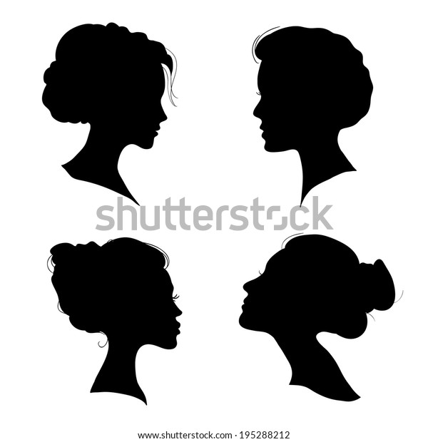 髪型の美しい女の子のポートレート 横顔の女性 分離型輪郭シルエット ベクターイラストセット のベクター画像素材 ロイヤリティフリー