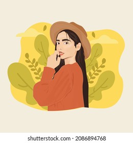 Portrait of a Beautiful Girl with Hat and leaf background . flat Vector cartoon illustration