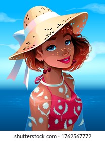 Portrait of a beautiful girl with hat. Vector cartoon illustration.
