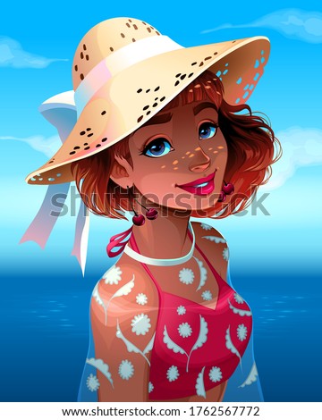 Portrait of a beautiful girl with hat. Vector cartoon illustration.
